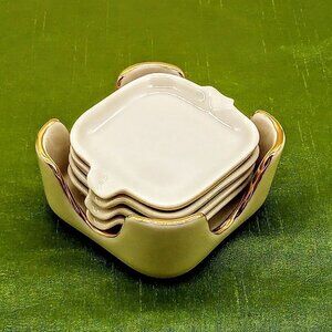 Vintage Set of 4 White Porcelain Ashtrays & Gold Trim Holder